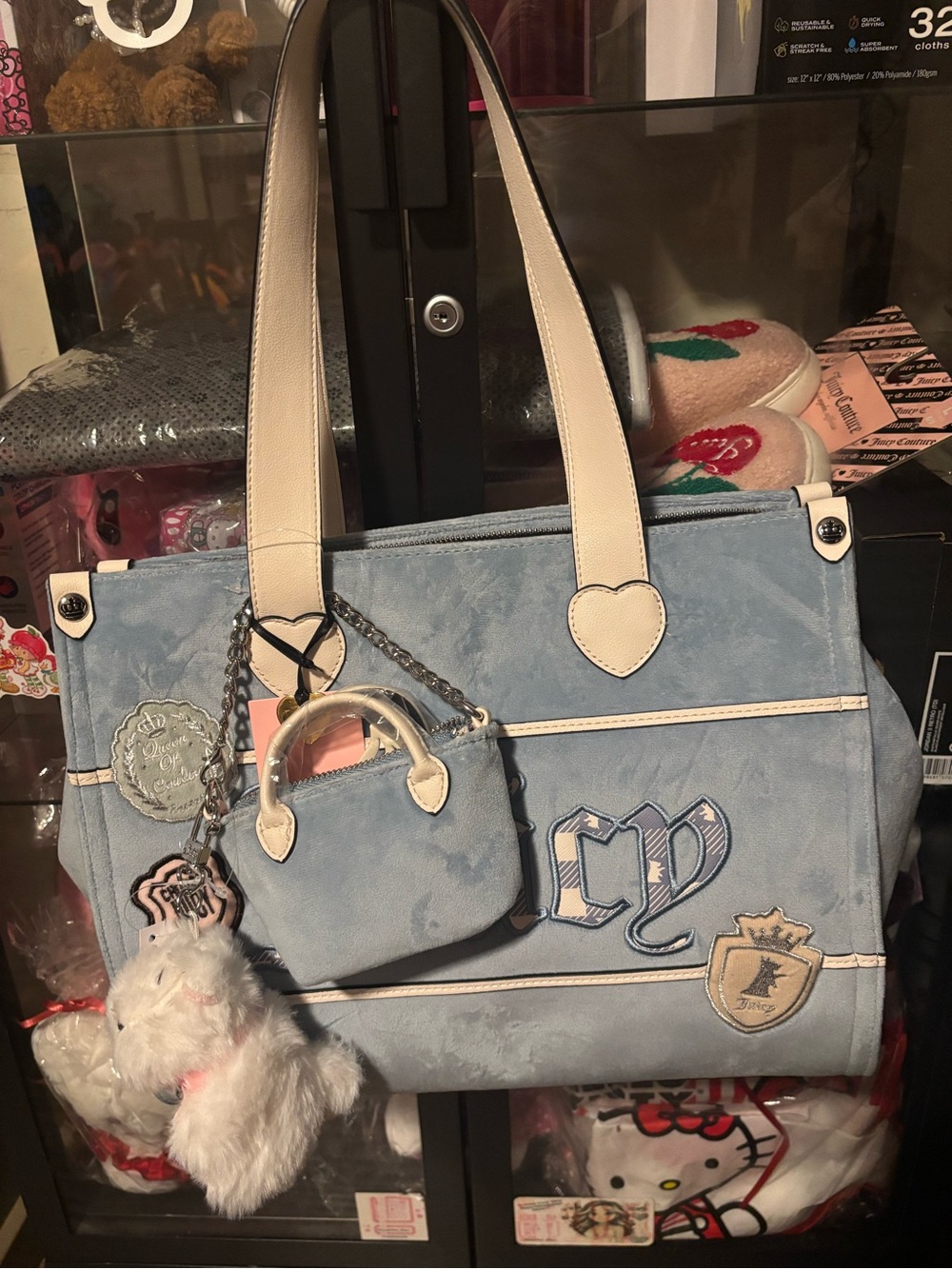 Light Blue Tote Bag with Cream Handles